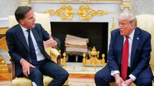 U.S. President Donald Trump meets with NATO Secretary General Mark Rutte, on the day President Trump announces a deal to get U.S. weapons to NATO, in the Oval Office at the White House in Washington, D.C., U.S., July 14, 2025. REUTERS/Nathan Howard/Nathan Howard