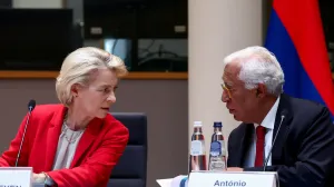 European Commission President Ursula von der Leyen and European Council President Antonio Costa attend a meeting with Armenia's Prime Minister Nikol Pashinyan (not pictured), in Brussels, Belgium July 14, 2025. REUTERS/Yves Herman/Yves Herman