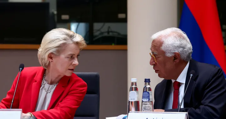 European Commission President Ursula von der Leyen and European Council President Antonio Costa attend a meeting with Armenia's Prime Minister Nikol Pashinyan (not pictured), in Brussels, Belgium July 14, 2025. REUTERS/Yves Herman/Yves Herman