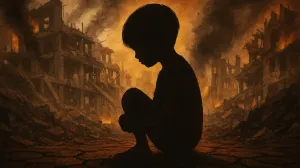 silueta djeteta u pepelu, rat, djeca/Chatgpt