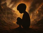 silueta djeteta u pepelu, rat, djeca/Chatgpt