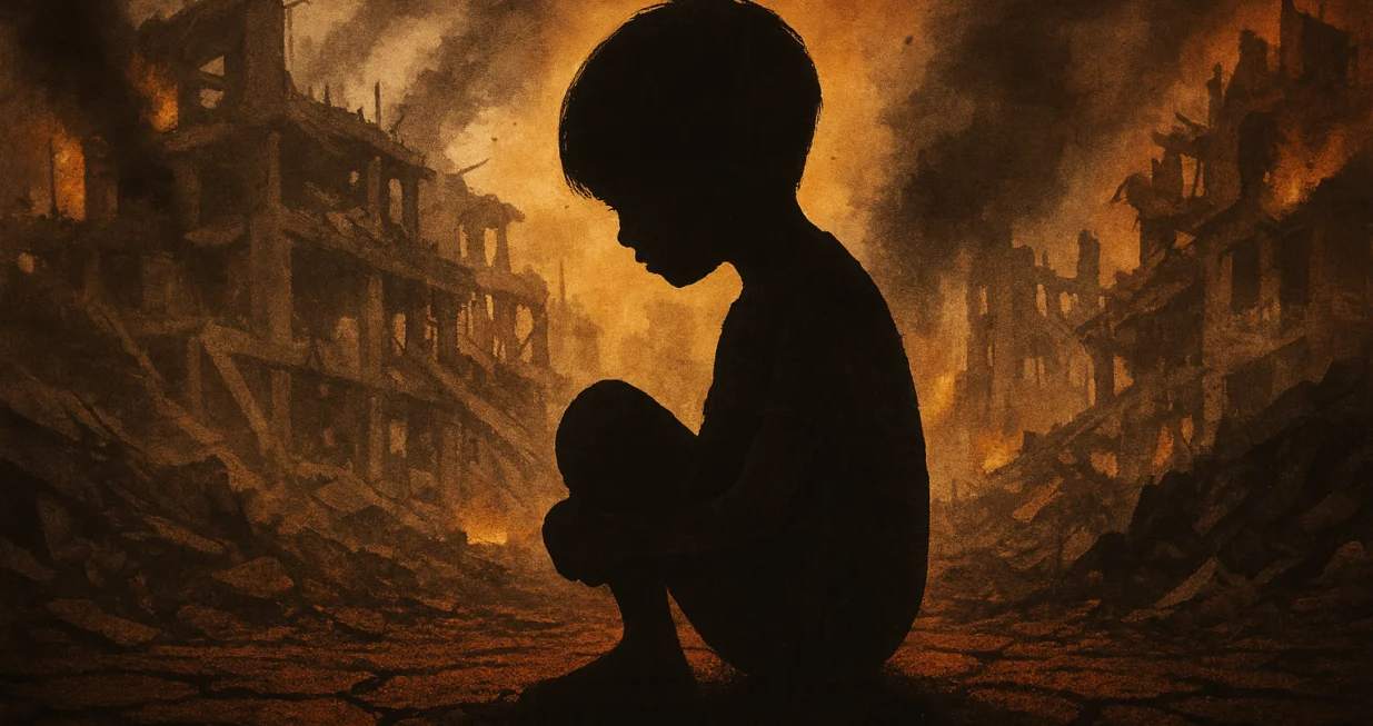 silueta djeteta u pepelu, rat, djeca/Chatgpt