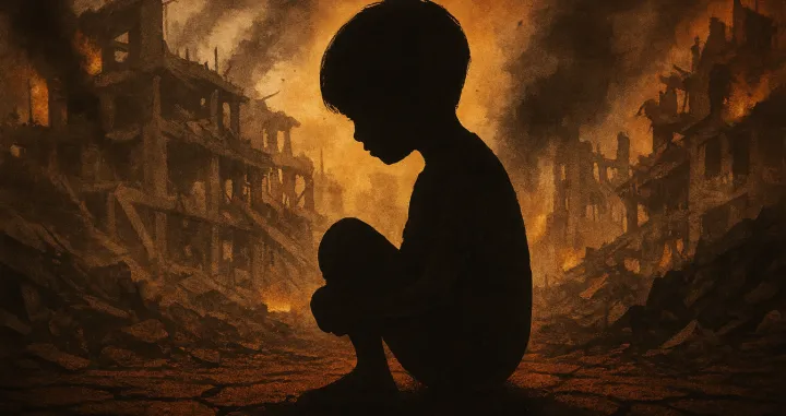 silueta djeteta u pepelu, rat, djeca/Chatgpt