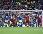 epa10156930 Luis Diaz (3-L) of Liverpool FC hits the goalpost during the English Premier League soccer match between Everton FC and Liverpool FC in Liverpool, Britain, 03 September 2022. EPA/PETER POWELL EDITORIAL USE ONLY. No use with unauthorized audio, video, data, fixture lists, club/league logos or 'live' services. Online in-match use limited to 120 images, no video emulation. No use in betting, games or single club/league/player publications