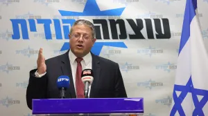 epa10396861 Israeli Minister of National Security and leader of the far-right Otzma Yehudit party, Itamar Ben Gvir, speaks at his party's faction meeting at the Knesset, the Israeli Parliament in Jerusalem, 09 January 2023. EPA/ABIR SULTAN/Abir Sultan