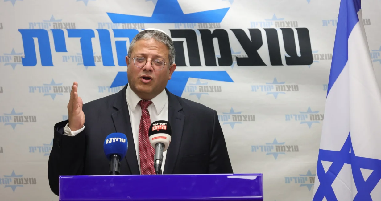 epa10396861 Israeli Minister of National Security and leader of the far-right Otzma Yehudit party, Itamar Ben Gvir, speaks at his party's faction meeting at the Knesset, the Israeli Parliament in Jerusalem, 09 January 2023. EPA/ABIR SULTAN/Abir Sultan