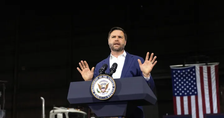 U.S. Vice President JD Vance visits Metallus in Canton, Ohio, U.S., July 28, 2025. Maddie McGarvey/Pool via REUTERS/Maddie Mcgarvey