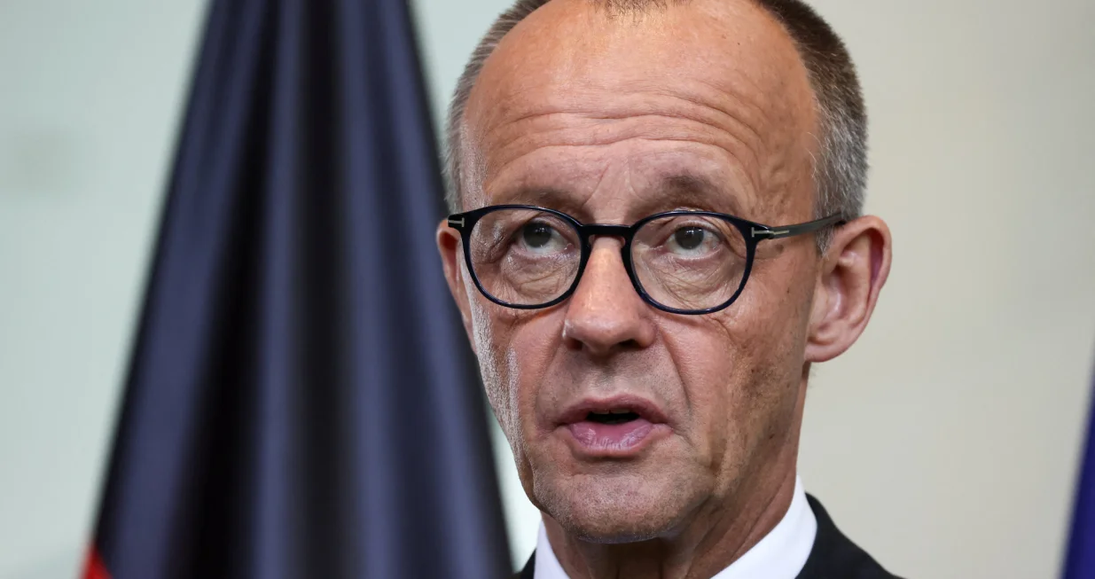 German Chancellor Friedrich Merz speaks during a press conference with Jordan's King Abdullah (not pictured) at the Chancellery in Berlin, Germany, July 29, 2025. REUTERS/Nadja Wohlleben/Nadja Wohlleben