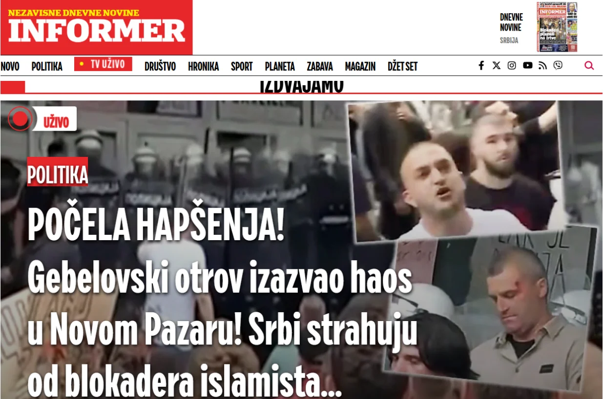 Naslovnica na Informeru, udarni tekst, studentski protesti, Srbi, strah, islamisti/Prtsc