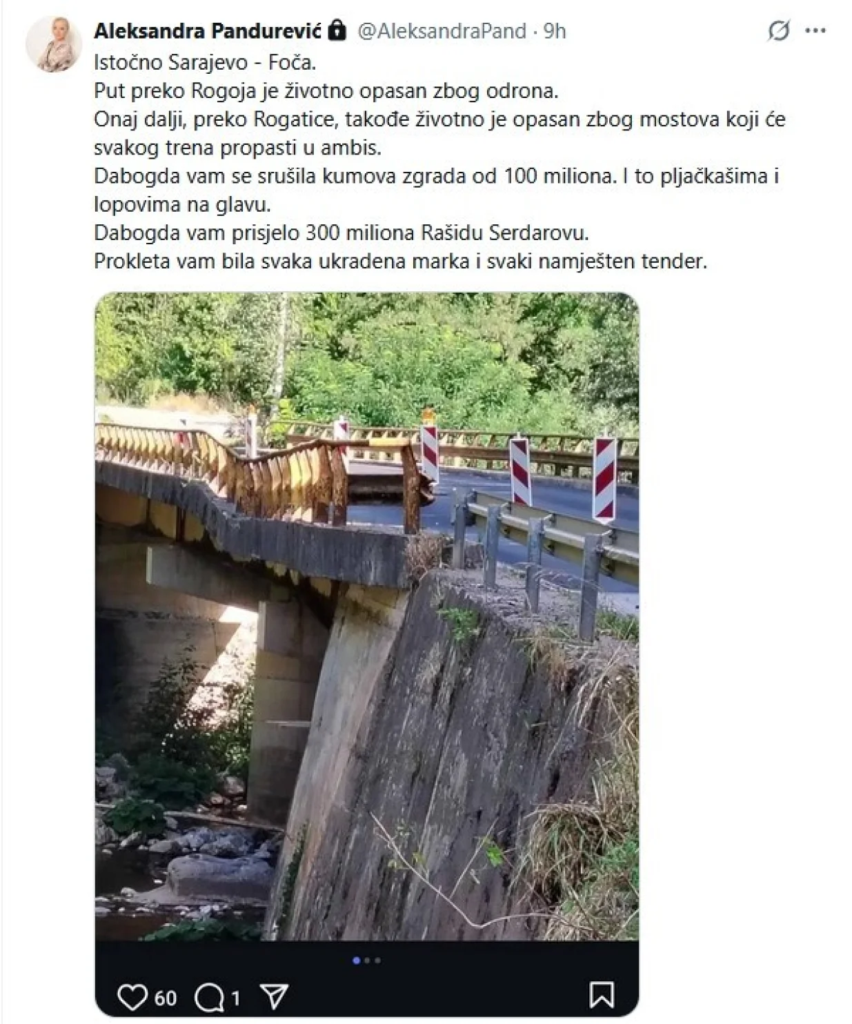 objava aleksandre pandurević nakon smrti mlade doktorice iz sarajeva na putu sarajevo - foča/X