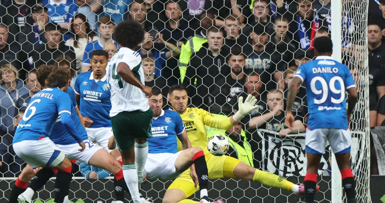 Soccer Football - UEFA Champions League - Qualifying Round - Rangers v Panathinaikos - Ibrox, Glasgow, Scotland, Britain - July 22, 2025 Panathinaikos' Erik Palmer-Brown shoots at goal REUTERS/Russell Cheyne