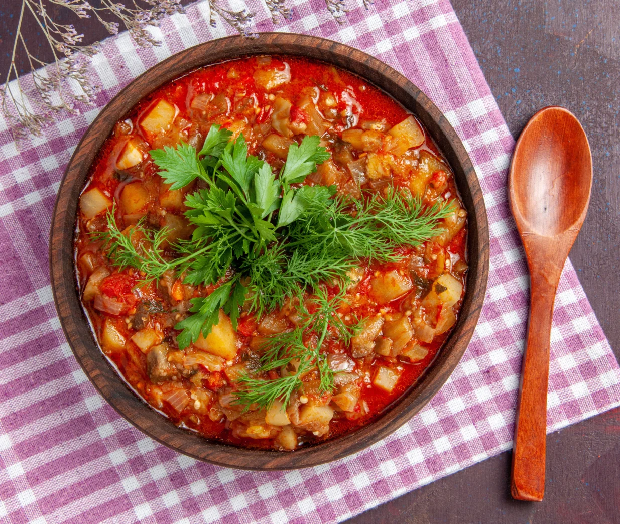 top view tasty cooked vegetables sauce meal with greens on the dark background sauce meal dish food/Kamran Aydinov