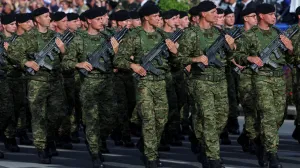 Members of Croatia's "The Tigers" Brigade take part in a military parade for the 30th anniversary of Operation Storm alongside Victory Day, Homeland Thanksgiving Day, and Croatian Veterans Day, in downtown Zagreb, Croatia, July 31, 2025. REUTERS/Antonio Bronic/Antonio Bronic