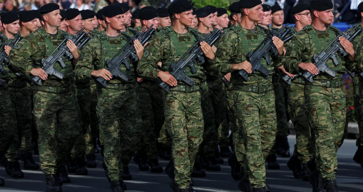Members of Croatia's "The Tigers" Brigade take part in a military parade for the 30th anniversary of Operation Storm alongside Victory Day, Homeland Thanksgiving Day, and Croatian Veterans Day, in downtown Zagreb, Croatia, July 31, 2025. REUTERS/Antonio Bronic/Antonio Bronic