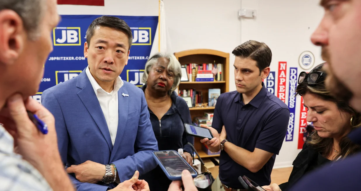 Texas State Rep. Gene Wu speaks as Democratic lawmakers from Texas hold a press conference, after leaving their state to deny Republicans the quorum needed to redraw the state's 38 congressional districts, in Carol Stream, Illinois, U.S. August 3, 2025. REUTERS/Tom Krawczyk/Tom Krawczyk