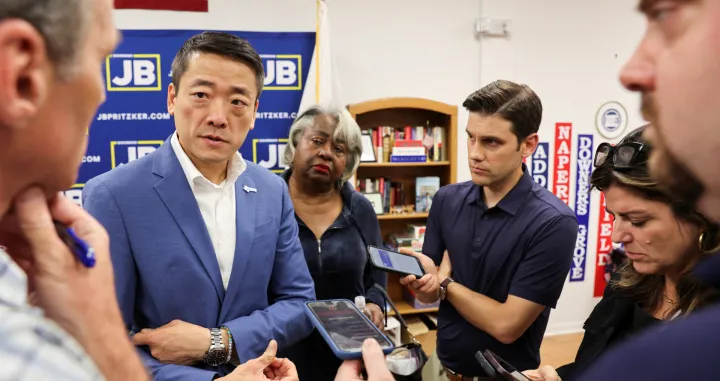 Texas State Rep. Gene Wu speaks as Democratic lawmakers from Texas hold a press conference, after leaving their state to deny Republicans the quorum needed to redraw the state's 38 congressional districts, in Carol Stream, Illinois, U.S. August 3, 2025. REUTERS/Tom Krawczyk/Tom Krawczyk