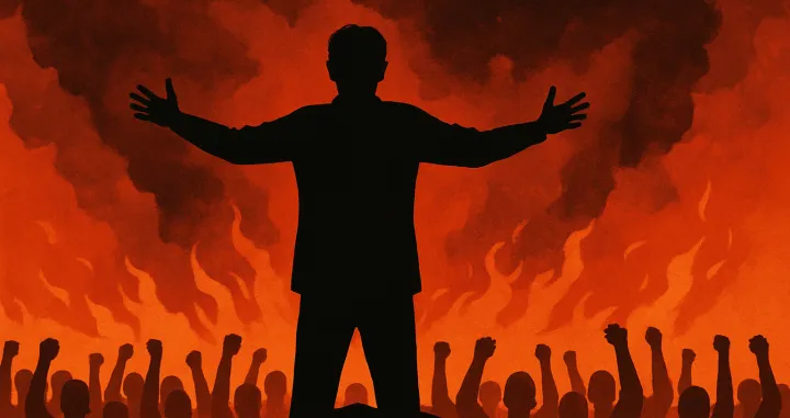 Ilustracija prikazuje tamnu siluetu figure koja stoji pred velikim zidom ispunjenim simbolima rata, nacionalizma i političke propagande. U pozadini se vide tamni oblaci i sivi tonovi, stvarajući atmosferu prijetnje i tjeskobe, dok s jedne strane probija blagi trag svjetlosti kao simbol mogućnosti promjene/