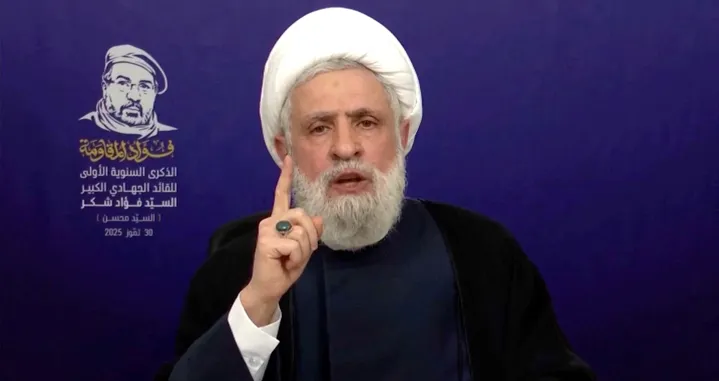 Lebanon's Hezbollah Chief Naim Qassem gives a televised speech from an unknown location, July 30, 2025 in this screen grab from video. Al Manar TV/REUTERS TV/via REUTERS THIS IMAGE HAS BEEN SUPPLIED BY A THIRD PARTY/Al Manar Tv