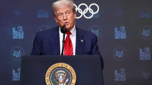 U.S. President Donald Trump delivers remarks before signing an executive order to create a White House Olympics task force to handle security and other issues related to the LA 2028 Summer Olympics, in the South Court Auditorium on the White House campus in Washington, D.C., U.S., August 5, 2025. REUTERS/Jonathan Ernst/Jonathan Ernst