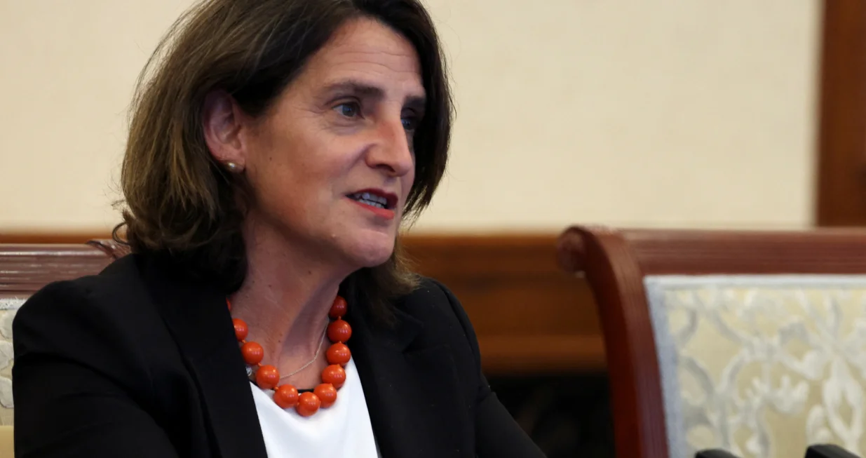 European Commission Executive Vice-President for a Clean, Just and Competitive Transition Teresa Ribera attends a meeting with Chinese Vice Premier Ding Xuexiang (not pictured) at the Diaoyutai State Guesthouse in Beijing, China July 14, 2025. REUTERS/Florence Lo/Pool/Florence Lo