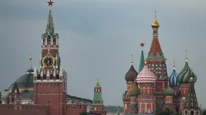 A view of Kremlin's Spasskaya tower and St. Basil's Cathedral, during a stormy weather in Moscow, Russia July 14, 2025. REUTERS/Evgenia Novozhenina/Evgenia Novozhenina