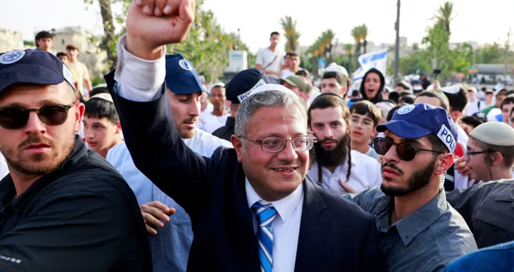 FILE PHOTO: Israeli National Security Minister Itamar Ben-Gvir walks to visit the Damascus Gate to Jerusalem's Old City, as Israelis mark Jerusalem Day, in Jerusalem May 26, 2025. REUTERS/Ammar Awad/File Photo/Ammar Awad
