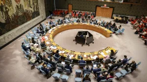 Britain's Permanent Representative to the UN Barbara Woodward speaks to delegates about the situation in Gaza during a United Nations Security Council meeting at U.N. headquarters, in New York City, U.S., July 16, 2025. REUTERS/Jeenah Moon/Jeenah Moon