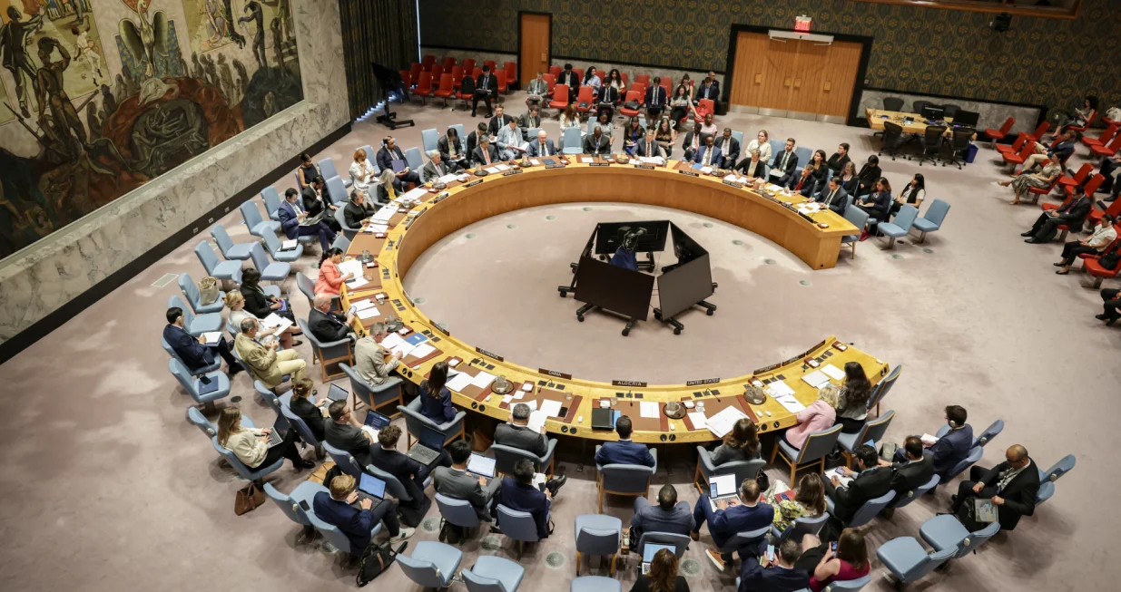 Britain's Permanent Representative to the UN Barbara Woodward speaks to delegates about the situation in Gaza during a United Nations Security Council meeting at U.N. headquarters, in New York City, U.S., July 16, 2025. REUTERS/Jeenah Moon/Jeenah Moon