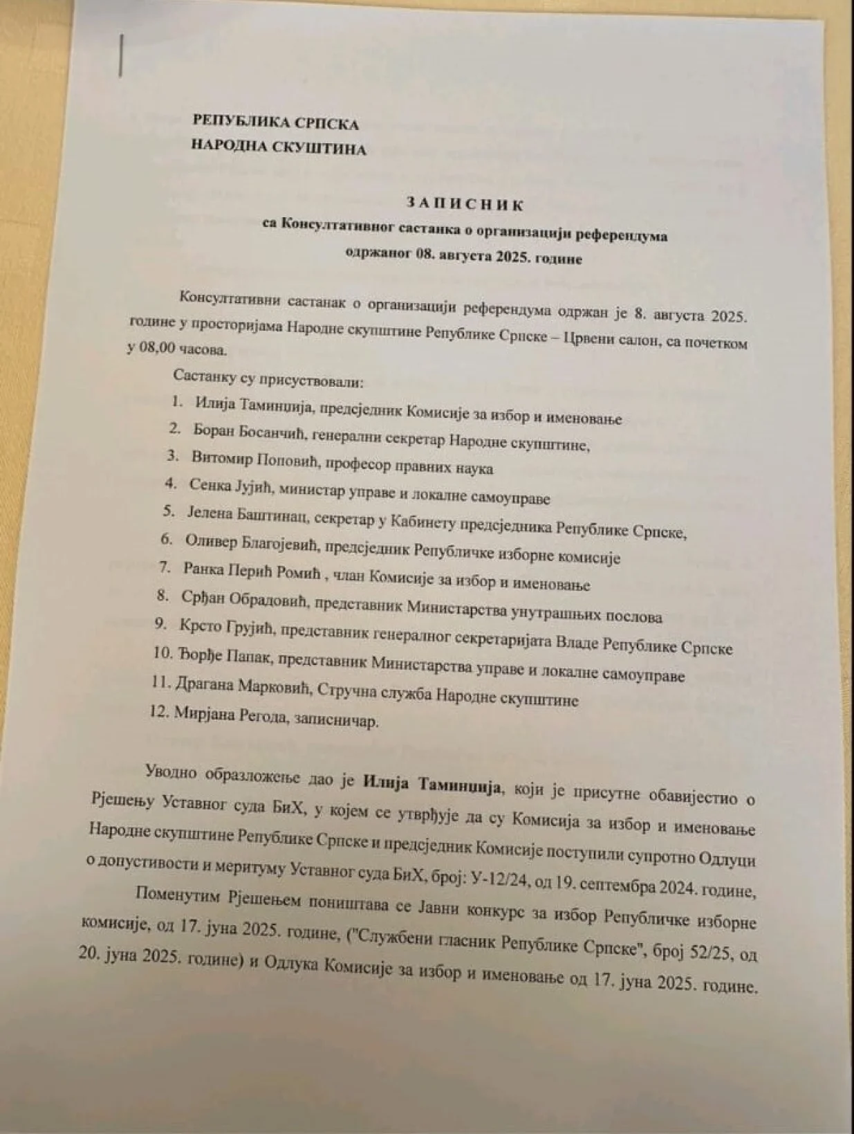 ZAPISNIKsa Konsultativnog sastanka o organizaciji referendumaodržanog 08. avgusta 2025. godine/