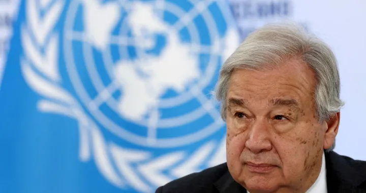 FILE PHOTO: FILE PHOTO: UN Secretary-General Antonio Guterres attends a press briefing during the third United Nations Ocean Conference (UNOC3) at the Centre des Expositions conference centre in Nice, France, June 10, 2025. REUTERS/Manon Cruz/File Photo/Manon Cruz