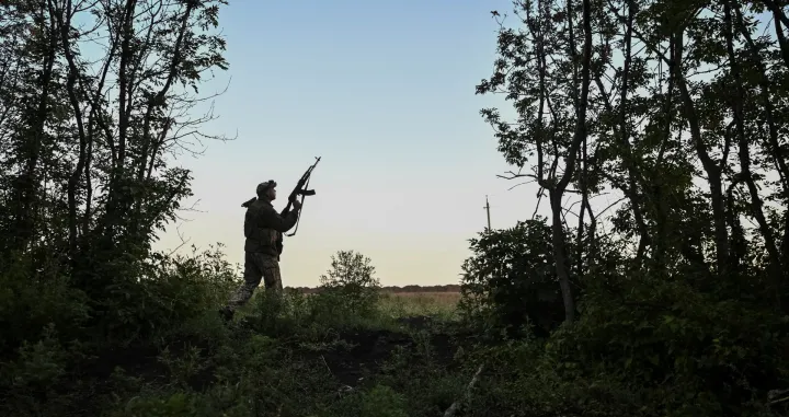 A serviceman of 152nd Separate Jaeger Brigade of the Ukrainian Armed Forces checks the sky to look out for Russian combat drones, amid Russia's attack on Ukraine, near the town of Pokrovsk in Donetsk region, Ukraine August 5, 2025. REUTERS/Stringer/Stringer