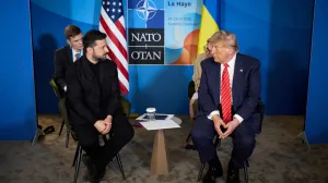 FILE PHOTO: U.S. President Donald Trump and Ukraine's President Volodymyr Zelenskiy attend a meeting on the sidelines of NATO summit in The Hague, Netherlands June 25, 2025. Ukrainian Presidential Press Service/Handout via REUTERS ATTENTION EDITORS - THIS IMAGE HAS BEEN SUPPLIED BY A THIRD PARTY/File Photo/Ukrainian Presidential Press Ser