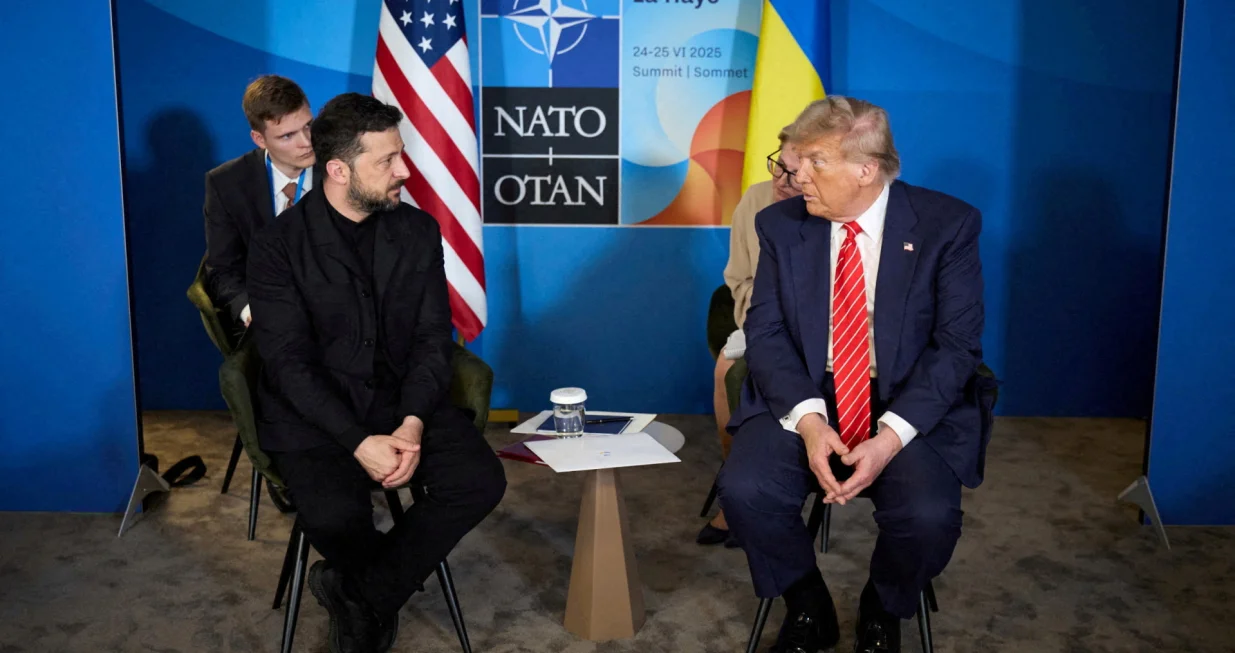 FILE PHOTO: U.S. President Donald Trump and Ukraine's President Volodymyr Zelenskiy attend a meeting on the sidelines of NATO summit in The Hague, Netherlands June 25, 2025. Ukrainian Presidential Press Service/Handout via REUTERS ATTENTION EDITORS - THIS IMAGE HAS BEEN SUPPLIED BY A THIRD PARTY/File Photo/Ukrainian Presidential Press Ser