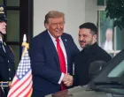 U.S. President Donald Trump greets Ukrainian President Volodymyr Zelenskiy as he arrives at the White House amid negotiations to end the Russian war in Ukraine, in Washington, D.C., U.S., August 18, 2025. REUTERS/Nathan Howard/Nathan Howard
