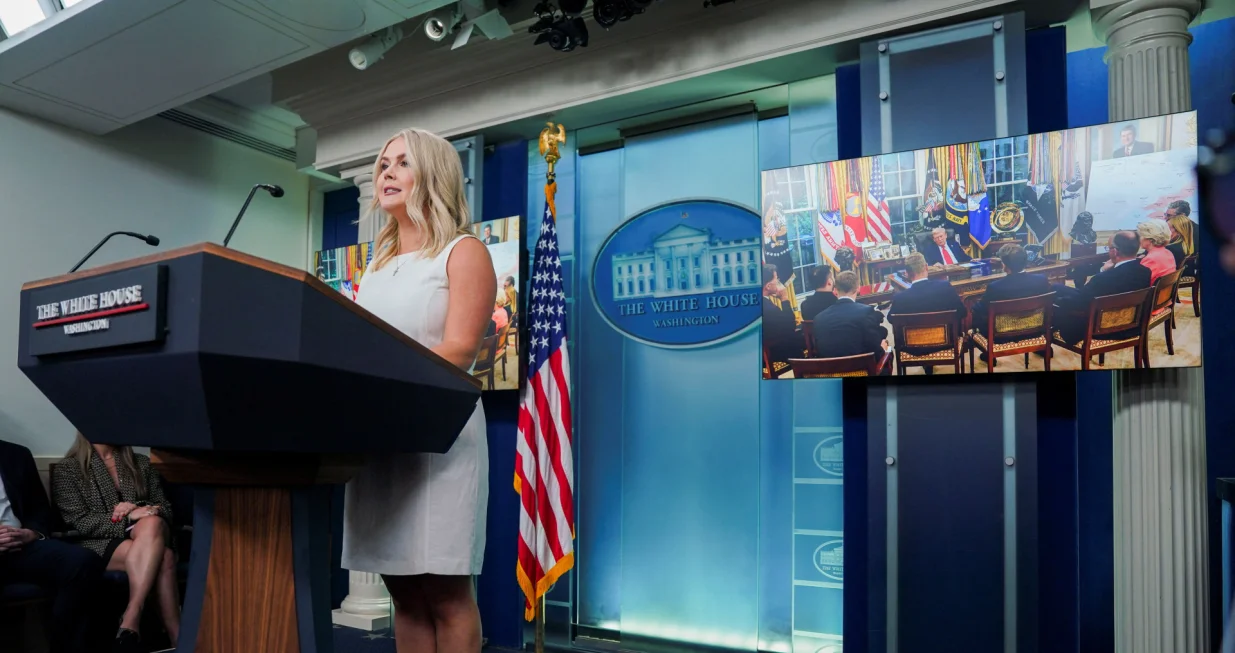 White House Press Secretary Karoline Leavitt holds a press briefing at the White House in Washington, D.C., U.S., August 19, 2025. REUTERS/Al Drago/Alexander Drago