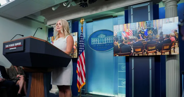White House Press Secretary Karoline Leavitt holds a press briefing at the White House in Washington, D.C., U.S., August 19, 2025. REUTERS/Al Drago/Alexander Drago