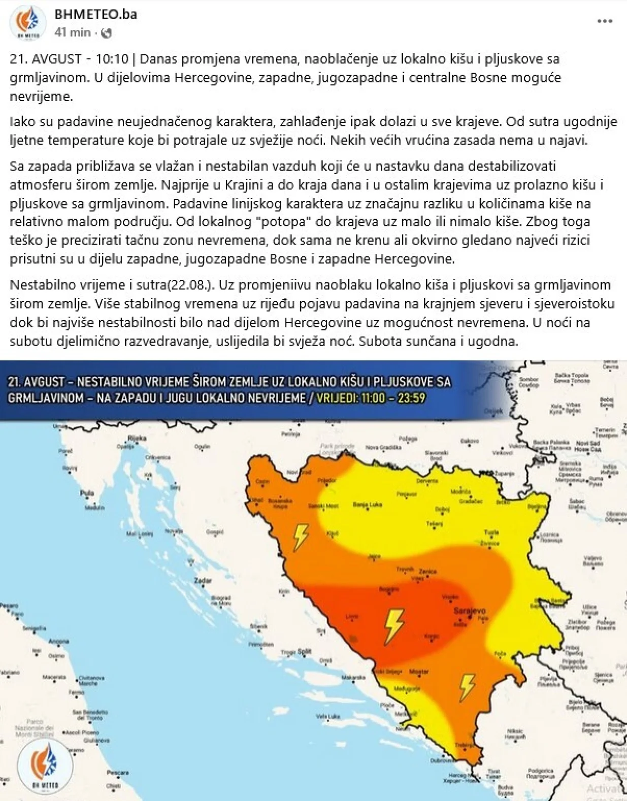 Prognoza meteorologa BHMeteo/Printscreen/