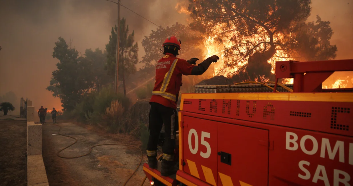 A firefighter helps to extinguish a wildfire approaching Benvende, in Trancoso, Portugal, August 14, 2025. REUTERS/Pedro Nunes/Pedro Nunes