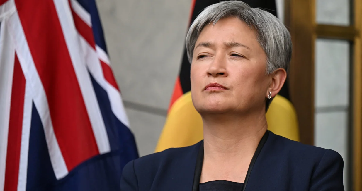 Australian Foreign Affairs Minister Penny Wong looks on, during a press conference at Parliament House in Canberra, Australia, August 26, 2025. AAP/Lukas Coch via REUTERS ATTENTION EDITORS - THIS IMAGE WAS PROVIDED BY A THIRD PARTY. NO RESALES. NO ARCHIVE. AUSTRALIA OUT. NEW ZEALAND OUT. NO COMMERCIAL OR EDITORIAL SALES IN NEW ZEALAND. NO COMMERCIAL OR EDITORIAL SALES IN AUSTRALIA./Lukas Coch