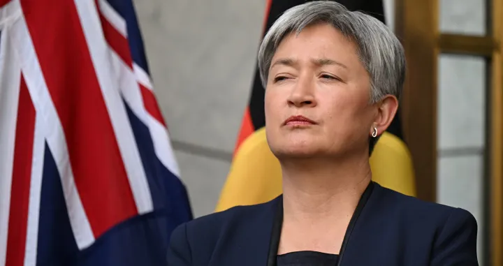 Australian Foreign Affairs Minister Penny Wong looks on, during a press conference at Parliament House in Canberra, Australia, August 26, 2025. AAP/Lukas Coch via REUTERS ATTENTION EDITORS - THIS IMAGE WAS PROVIDED BY A THIRD PARTY. NO RESALES. NO ARCHIVE. AUSTRALIA OUT. NEW ZEALAND OUT. NO COMMERCIAL OR EDITORIAL SALES IN NEW ZEALAND. NO COMMERCIAL OR EDITORIAL SALES IN AUSTRALIA./Lukas Coch