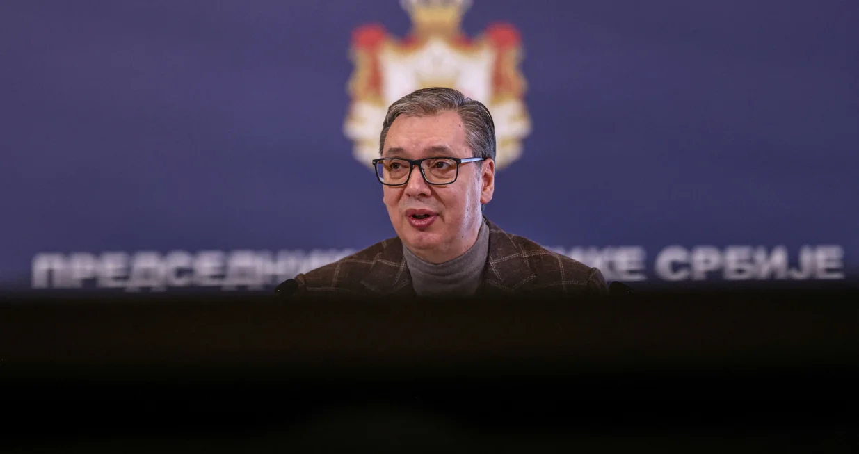 FILE PHOTO: Serbian President Aleksandar Vucic speaks during a news conference in his office in Belgrade, Serbia, December 11, 2024. REUTERS/Marko Djurica/File Photo/Marko Djurica