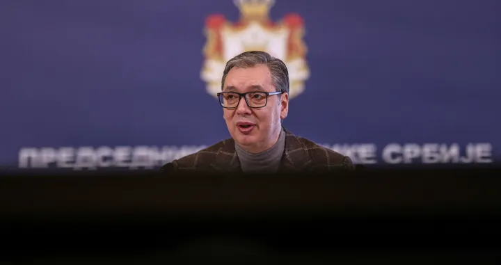 FILE PHOTO: Serbian President Aleksandar Vucic speaks during a news conference in his office in Belgrade, Serbia, December 11, 2024. REUTERS/Marko Djurica/File Photo/Marko Djurica