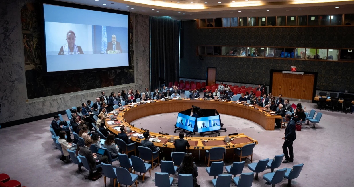 Representatives convene for a United Nations Security Council meeting on the Israel-Palestinian conflict at U.N. Headquarters in New York City, U.S., August 27, 2025. REUTERS/Angelina Katsanis/Angelina Katsanis