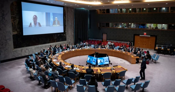 Representatives convene for a United Nations Security Council meeting on the Israel-Palestinian conflict at U.N. Headquarters in New York City, U.S., August 27, 2025. REUTERS/Angelina Katsanis/Angelina Katsanis