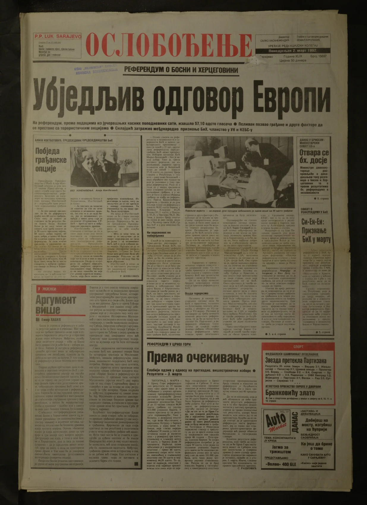 Oslobođenje, arhiva, 2. mart 1992./Arhiv OsloboĐenja