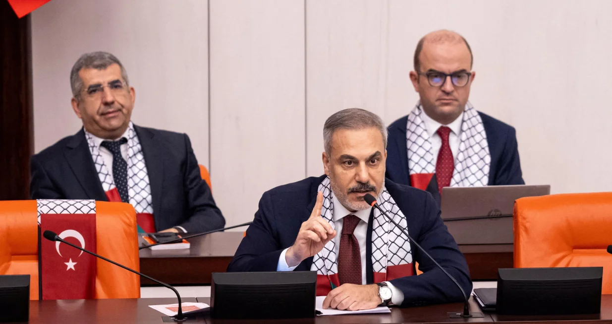 Turkish Foreign Minister Hakan Fidan speaks during an extraordinary parliamentary session on Israel's attacks on Gaza, at the Turkish Parliament in Ankara, Turkey, August 29, 2025. Turkish Foreign Ministry/Handout via REUTERS ATTENTION EDITORS - THIS IMAGE HAS BEEN SUPPLIED BY A THIRD PARTY. NO RESALES. NO ARCHIVES/Turkish Foreign Ministry