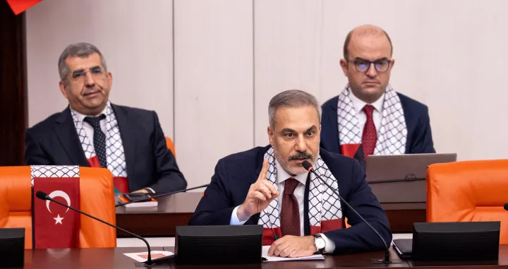 Turkish Foreign Minister Hakan Fidan speaks during an extraordinary parliamentary session on Israel's attacks on Gaza, at the Turkish Parliament in Ankara, Turkey, August 29, 2025. Turkish Foreign Ministry/Handout via REUTERS ATTENTION EDITORS - THIS IMAGE HAS BEEN SUPPLIED BY A THIRD PARTY. NO RESALES. NO ARCHIVES/Turkish Foreign Ministry