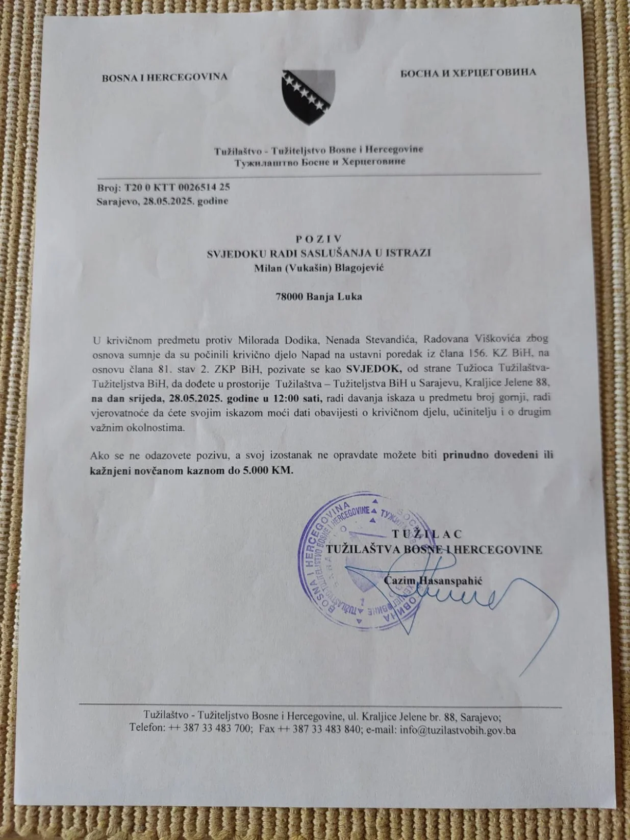 Poziv Milanu Blagojeviću za saslušanje/Privatna Arhiva/ Bntv