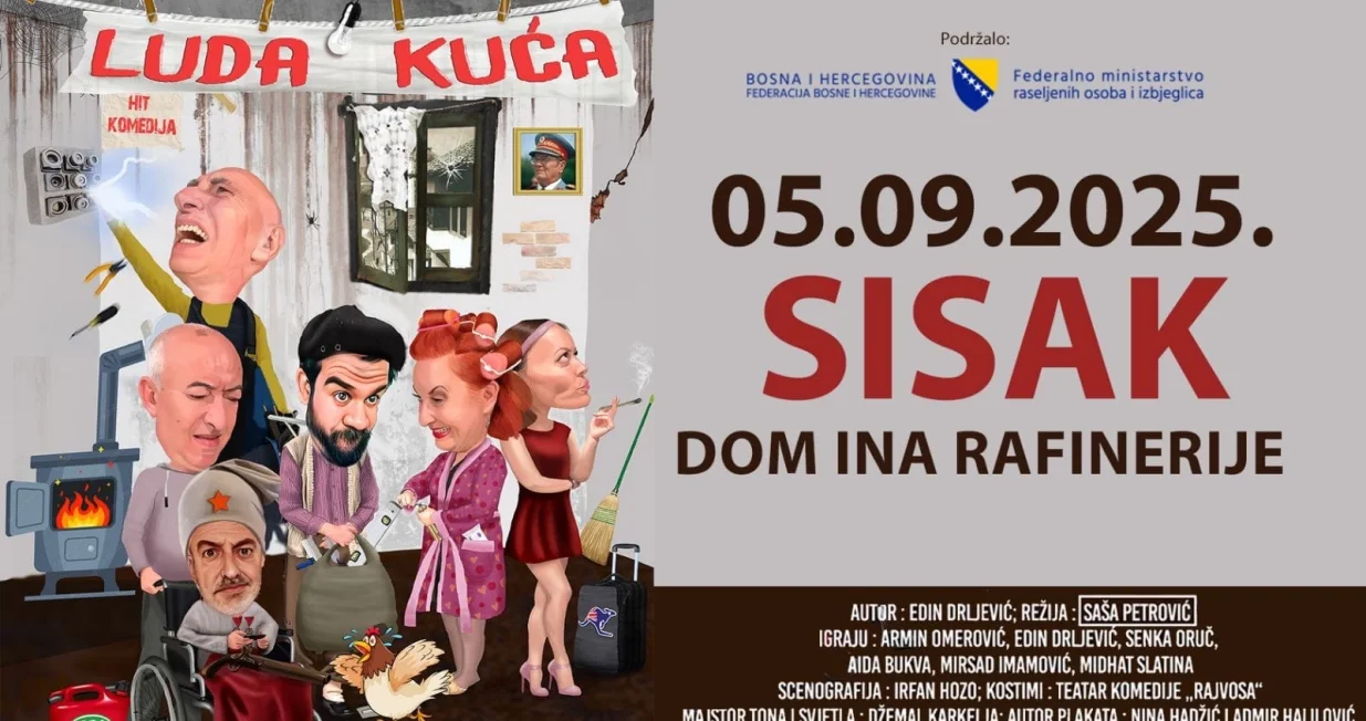 Domaća hit komedija "Luda kuća" nastavlja turneju Nakon brojnih izvedbi širom regije, hit predstava "Luda kuća" nastavlja svoju uspješnu turneju. Pred publikom u Hrvatskoj i Sloveniji predstava će biti izvedena u dva velika termina:-/