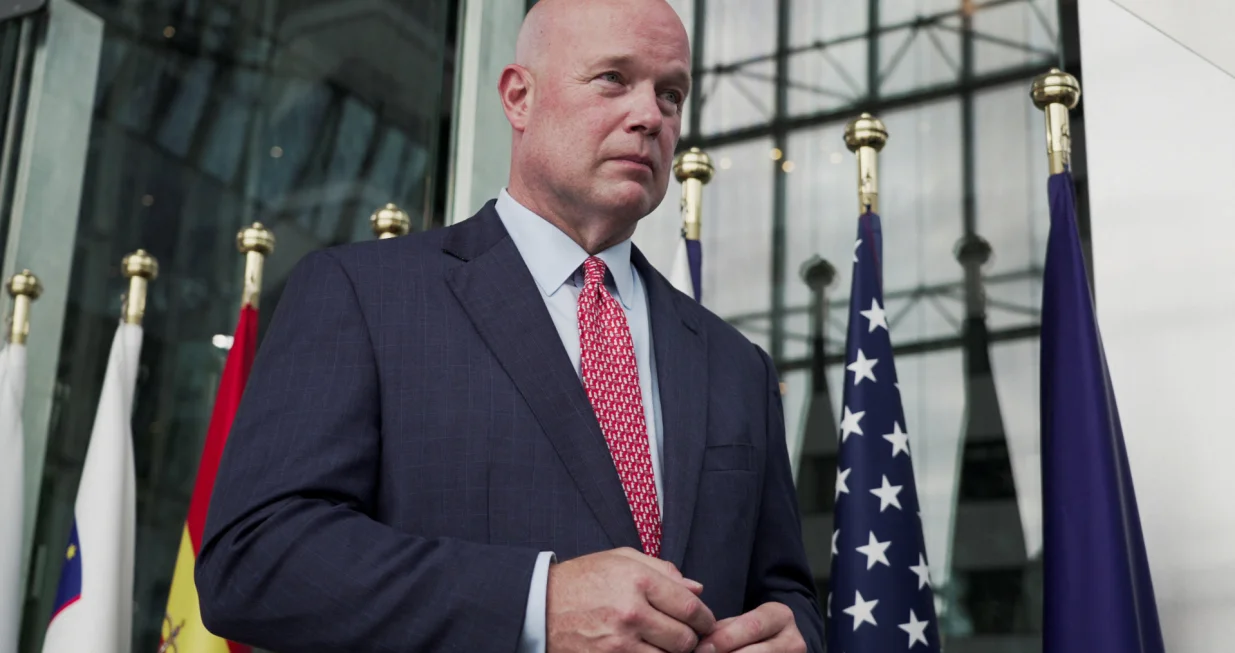 U.S. Ambassador to NATO Matthew Whitaker speaks during an interview with Reuters at NATO headquarters in Brussels, Belgium, August 4, 2025. REUTERS/Marta Fiorin/Marta Fiorin